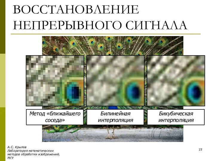 ВОССТАНОВЛЕНИЕ НЕПРЕРЫВНОГО СИГНАЛА Метод «ближайшего соседа» Билинейная интерполяция Бикубическая интерполяция А.C.