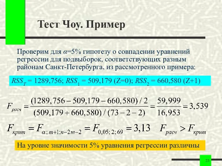 Тест Чоу. Пример Проверим для α=5% гипотезу о совпадении уравнений регрессии