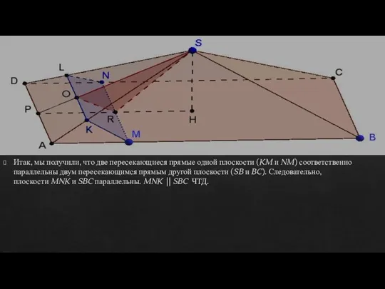 Итак, мы получили, что две пересекающиеся прямые одной плоскости (KM и