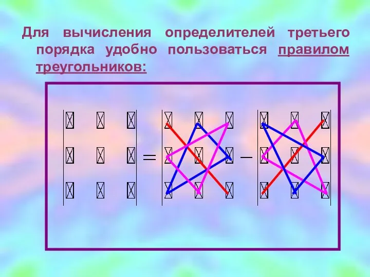 Для вычисления определителей третьего порядка удобно пользоваться правилом треугольников: