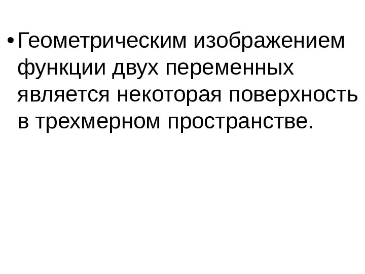 Геометрическим изображением функции двух переменных является некоторая поверхность в трехмерном пространстве.