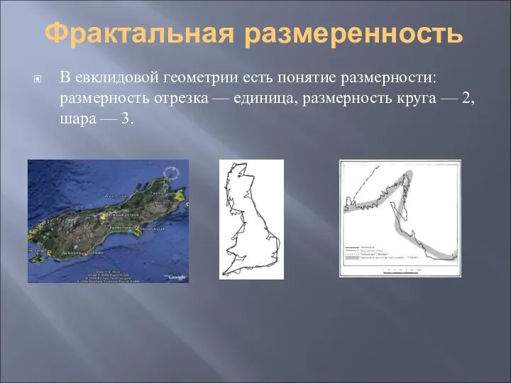 Фрактальная размеренность В евклидовой геометрии есть понятие размерности: размерность отрезка —