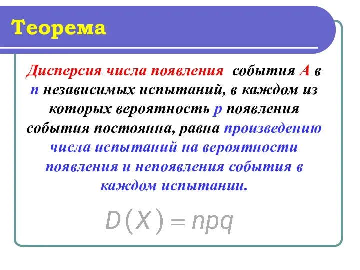 Теорема Дисперсия числа появления события А в п независимых испытаний, в