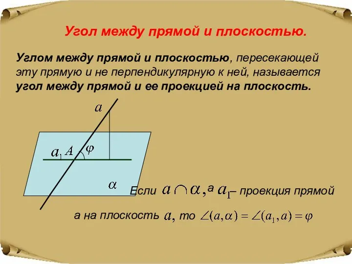 Угол между прямой и плоскостью. Углом между прямой и плоскостью, пересекающей