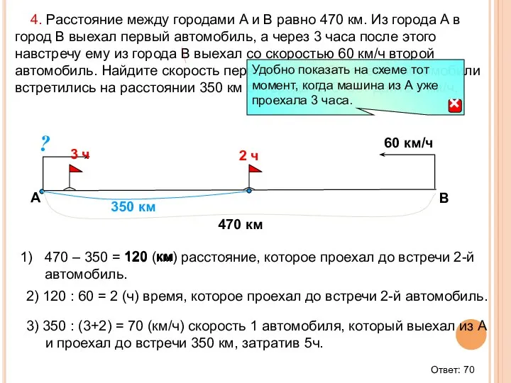 470 – 350 = 120 (км) расстояние, которое проехал до встречи