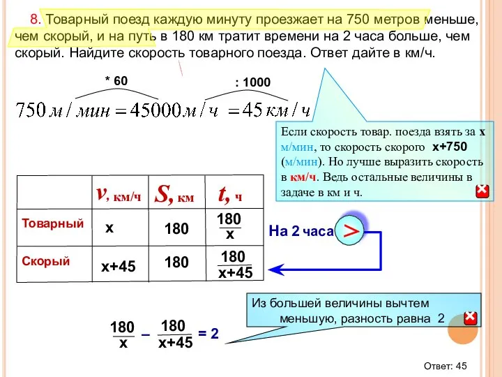 8. Товарный поезд каждую минуту проезжает на 750 метров меньше, чем