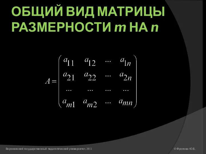 ОБЩИЙ ВИД МАТРИЦЫ РАЗМЕРНОСТИ m НА n © Фролова Ю.Б. Воронежский государственный педагогический университет, 2011