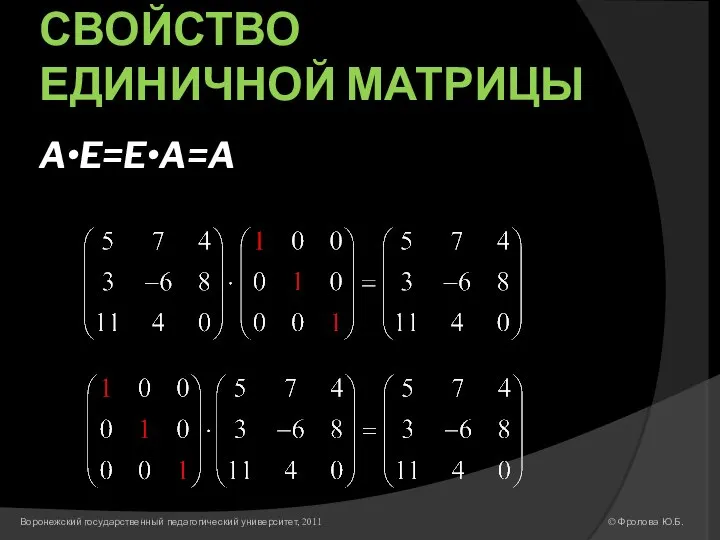 СВОЙСТВО ЕДИНИЧНОЙ МАТРИЦЫ A•E=E•A=A © Фролова Ю.Б. Воронежский государственный педагогический университет, 2011