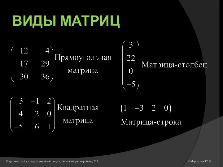 ВИДЫ МАТРИЦ © Фролова Ю.Б. Воронежский государственный педагогический университет, 2011