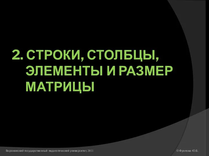 2. СТРОКИ, СТОЛБЦЫ, ЭЛЕМЕНТЫ И РАЗМЕР МАТРИЦЫ © Фролова Ю.Б. Воронежский государственный педагогический университет, 2011