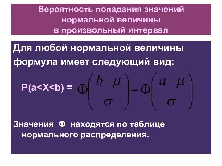 Вероятность попадания значений нормальной величины в произвольный интервал Для любой нормальной