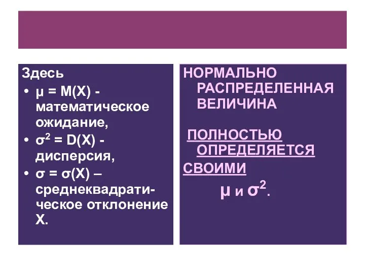 Здесь μ = M(X) - математическое ожидание, σ2 = D(X) -