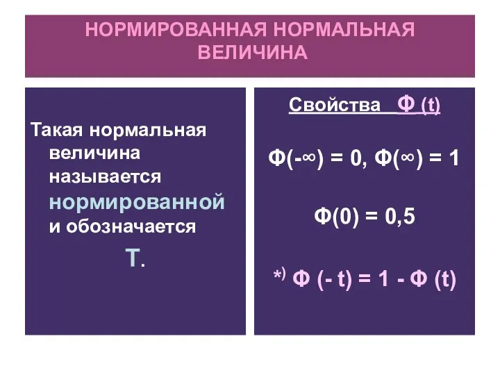 НОРМИРОВАННАЯ НОРМАЛЬНАЯ ВЕЛИЧИНА Такая нормальная величина называется нормированной и обозначается Т.