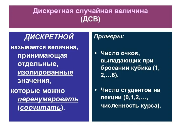 Дискретная случайная величина (ДСВ) ДИСКРЕТНОЙ называется величина, принимающая отдельные, изолированные значения,