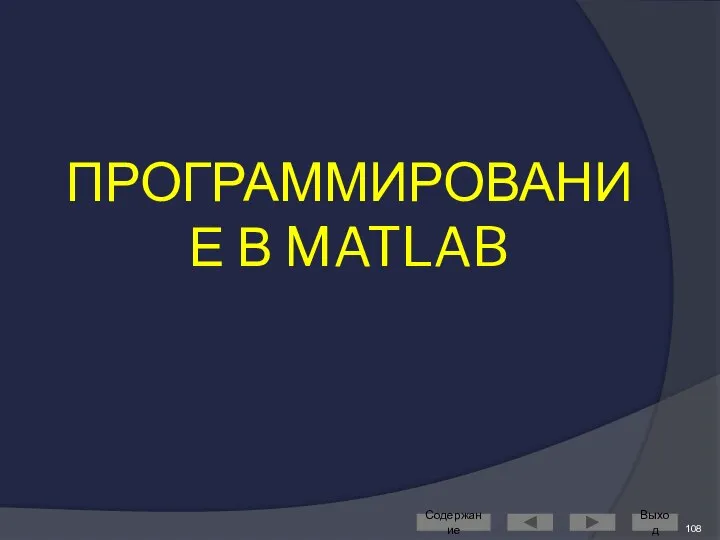 ПРОГРАММИРОВАНИЕ В MATLAB Содержание Выход