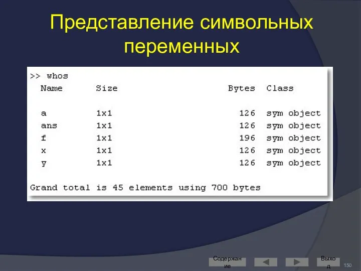 Представление символьных переменных Содержание Выход