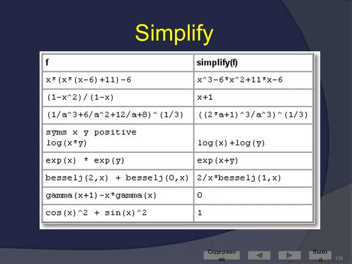 Simplify Содержание Выход