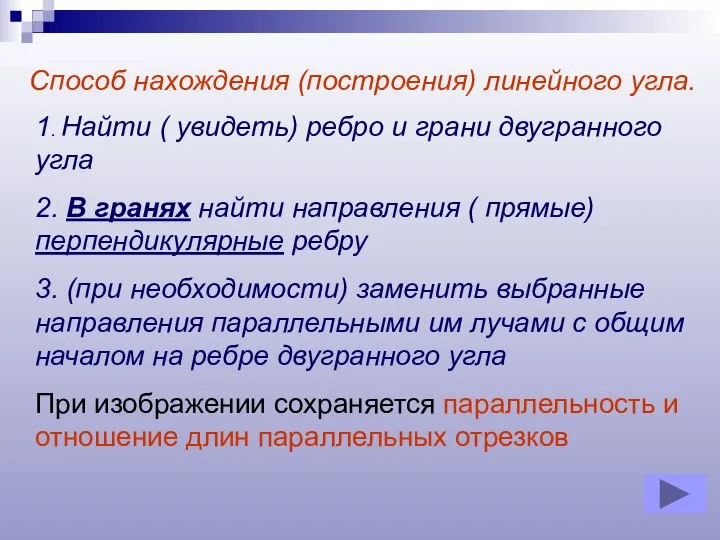 Способ нахождения (построения) линейного угла. 1. Найти ( увидеть) ребро и