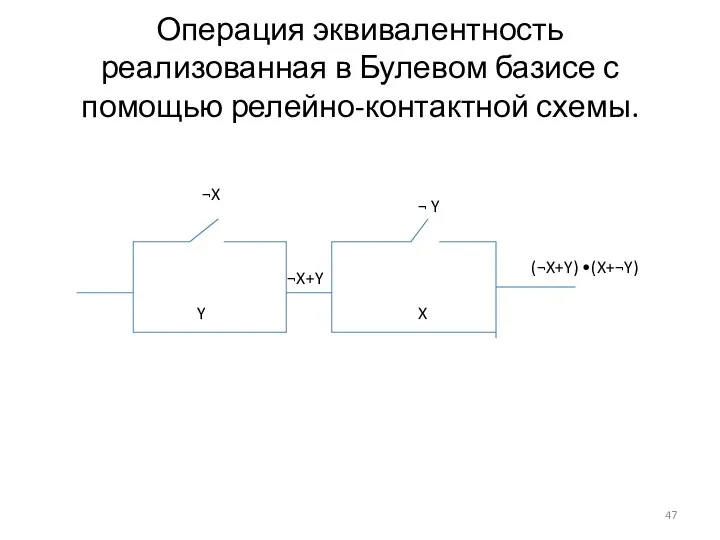 Операция эквивалентность реализованная в Булевом базисе с помощью релейно-контактной схемы. ¬X