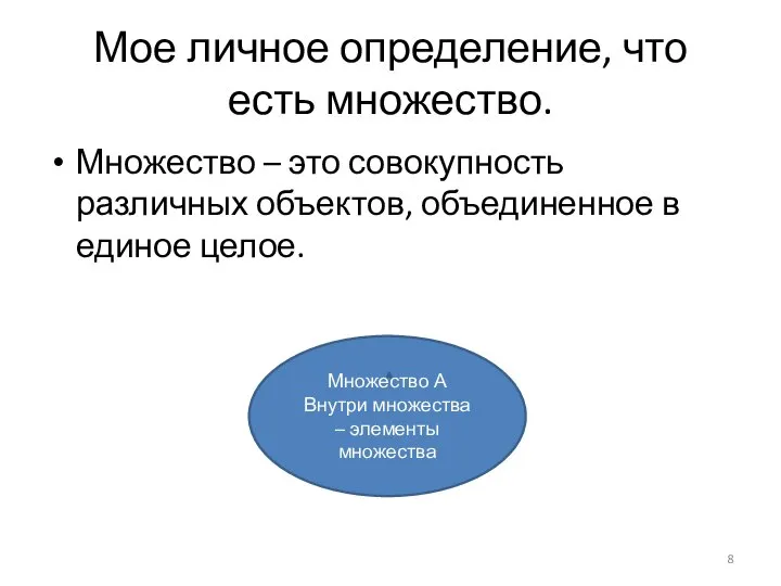 Мое личное определение, что есть множество. Множество – это совокупность различных