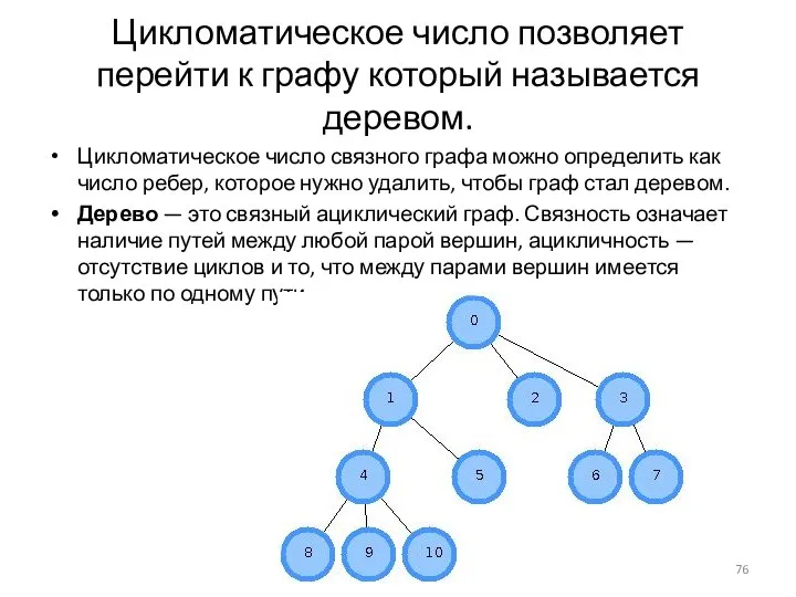 Цикломатическое число позволяет перейти к графу который называется деревом. Цикломатическое число