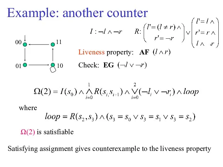 Example: another counter Liveness property: AF Ω(2) is satisfiable Check: EG