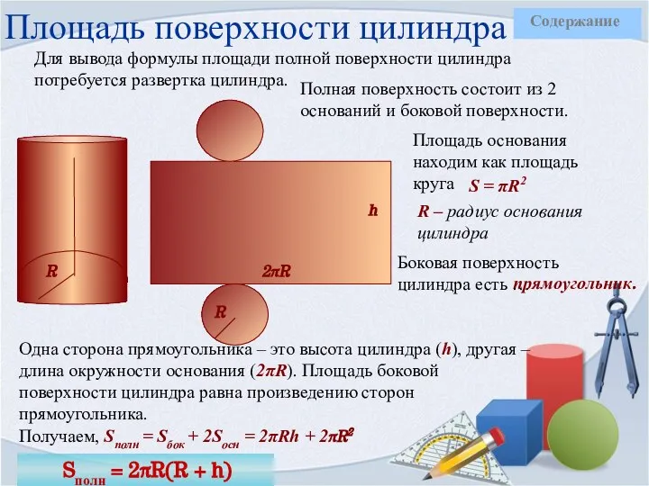 Площадь поверхности цилиндра Для вывода формулы площади полной поверхности цилиндра потребуется