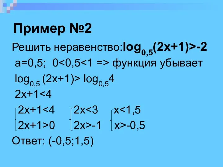 Пример №2 Решить неравенство:log0,5(2x+1)>-2 a=0,5; 0 функция убывает log0,5 (2x+1)> log0,54
