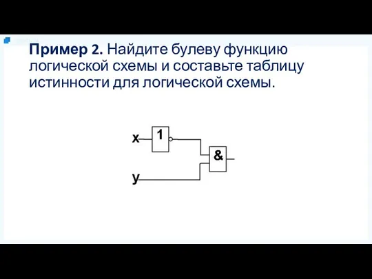 Пример 2. Найдите булеву функцию логической схемы и составьте таблицу истинности для логической схемы.