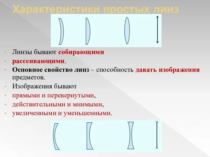 Характеристики простых линз Линзы бывают собирающими рассеивающими. Основное свойство линз –