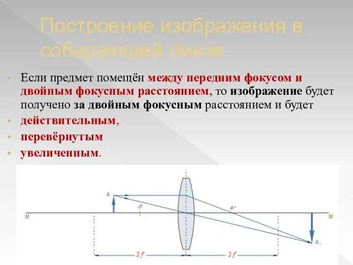 Построение изображения в собирающей линзе Если предмет помещён между передним фокусом