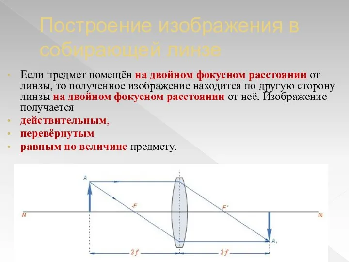 Построение изображения в собирающей линзе Если предмет помещён на двойном фокусном