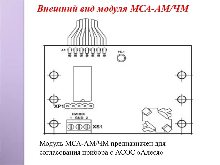Внешний вид модуля МСА-АМ/ЧМ Модуль МСА-АМ/ЧМ предназначен для согласования прибора с АСОС «Алеся»
