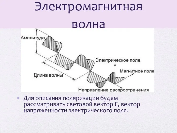 Электромагнитная волна Для описания поляризации будем рассматривать световой вектор Е, вектор напряженности электрического поля.