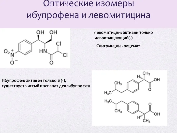 Оптические изомеры ибупрофена и левомитицина Левомитицин: активен только левовращающий(-) Синтомицин -