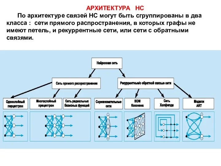 АРХИТЕКТУРА НС По архитектуре связей НС могут быть сгруппированы в два