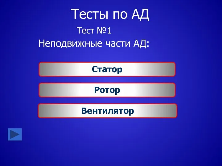 Тесты по АД Неподвижные части АД: Статор Ротор Вентилятор Тест №1