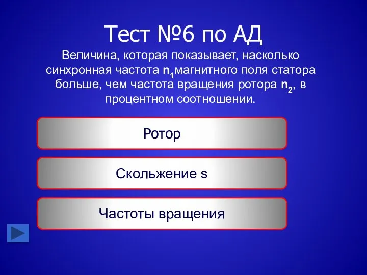 Тест №6 по АД Величина, которая показывает, насколько синхронная частота n1магнитного