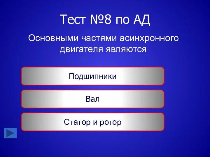 Тест №8 по АД Основными частями асинхронного двигателя являются Подшипники Вал Статор и ротор