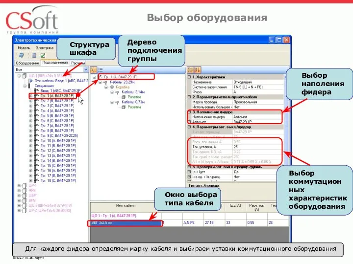 ©ЗАО «СиСофт» Дерево подключения группы Структура шкафа Окно выбора типа кабеля