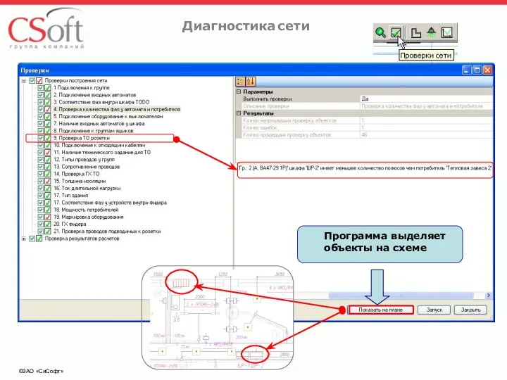 ©ЗАО «СиСофт» Диагностика сети Программа выделяет объекты на схеме