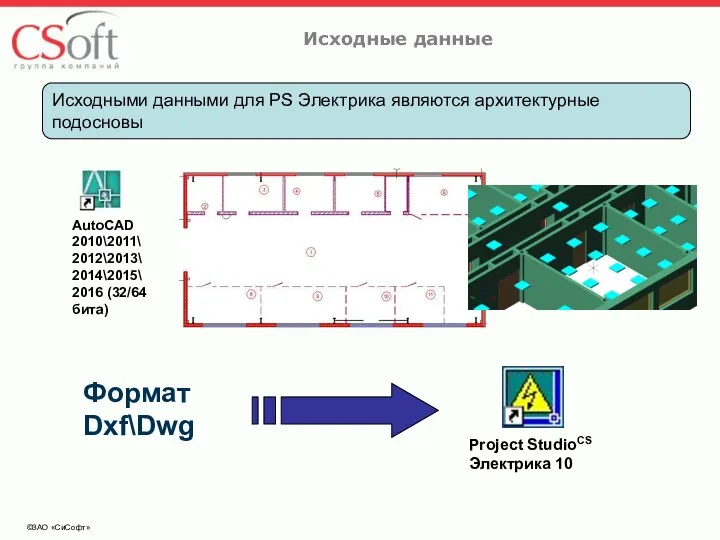 ©ЗАО «СиСофт» Формат Dxf\Dwg Исходные данные Project StudioCS Электрика 10 AutoCAD