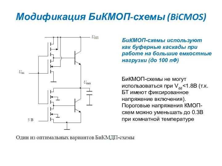 Модификация БиКМОП-схемы (BiCMOS) БиКМОП-схемы используют как буферные каскады при работе на