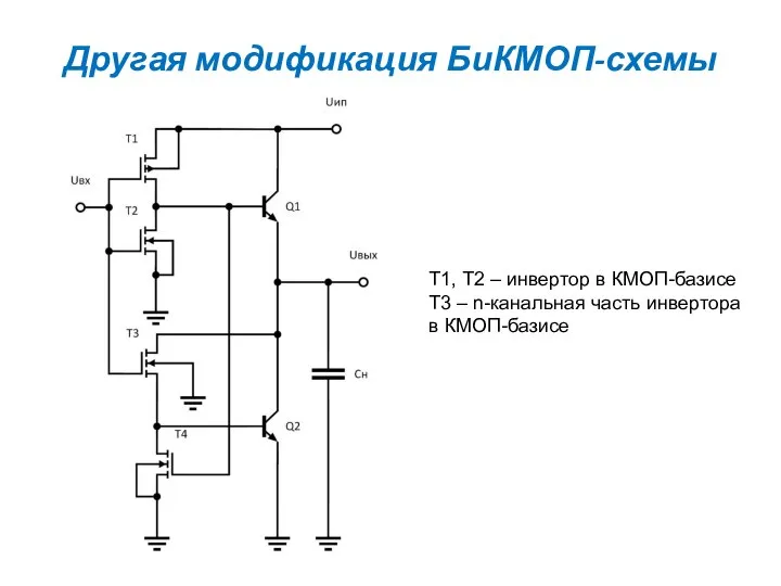 Другая модификация БиКМОП-схемы Т1, Т2 – инвертор в КМОП-базисе Т3 – n-канальная часть инвертора в КМОП-базисе