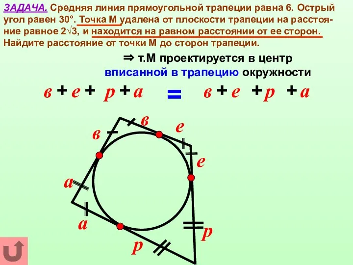 ЗАДАЧА. Средняя линия прямоугольной трапеции равна 6. Острый угол равен 30°.