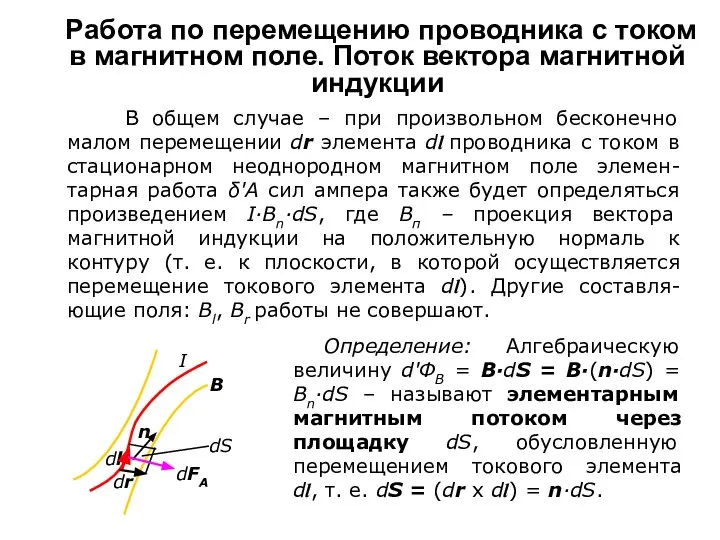 Работа по перемещению проводника с током в магнитном поле. Поток вектора