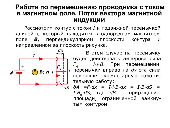 Работа по перемещению проводника с током в магнитном поле. Поток вектора