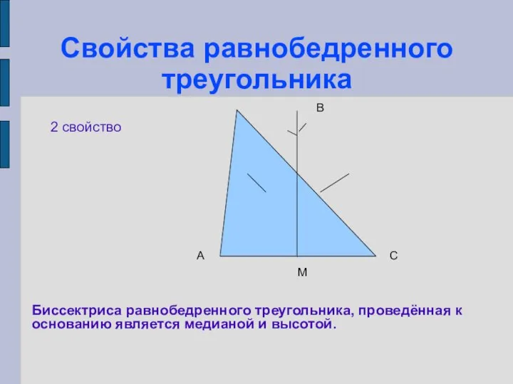 Свойства равнобедренного треугольника 2 свойство А С В М Биссектриса равнобедренного