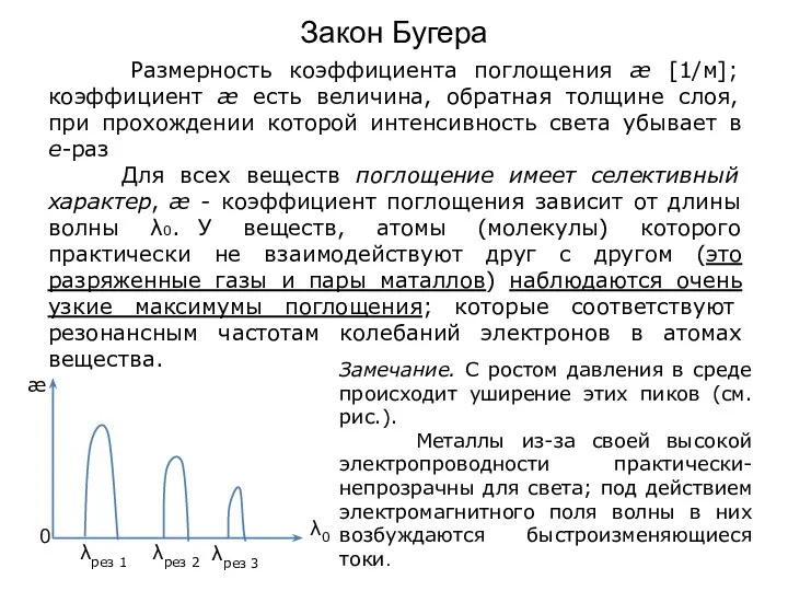 Закон Бугера Размерность коэффициента поглощения æ [1/м]; коэффициент æ есть величина,