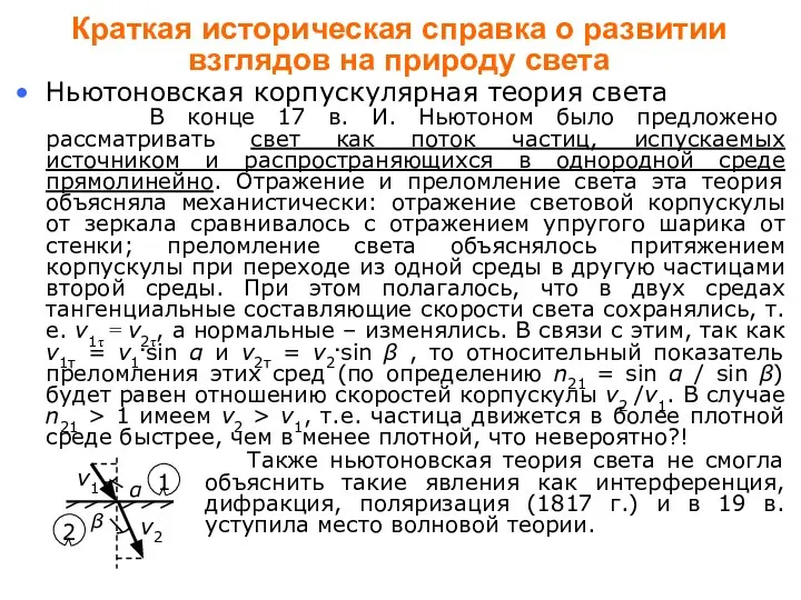 Краткая историческая справка о развитии взглядов на природу света Ньютоновская корпускулярная